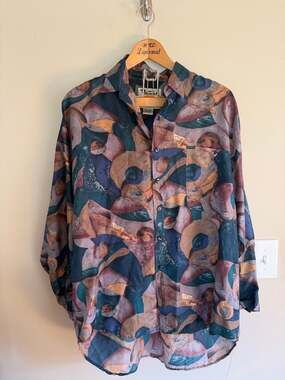 Size large mens silk Protest long sleeve button down vintage artsy colorful